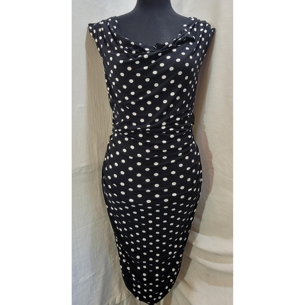 INC Internl Concepts Large Polka Dot Drape Neck Ruched Dress Black White NEW